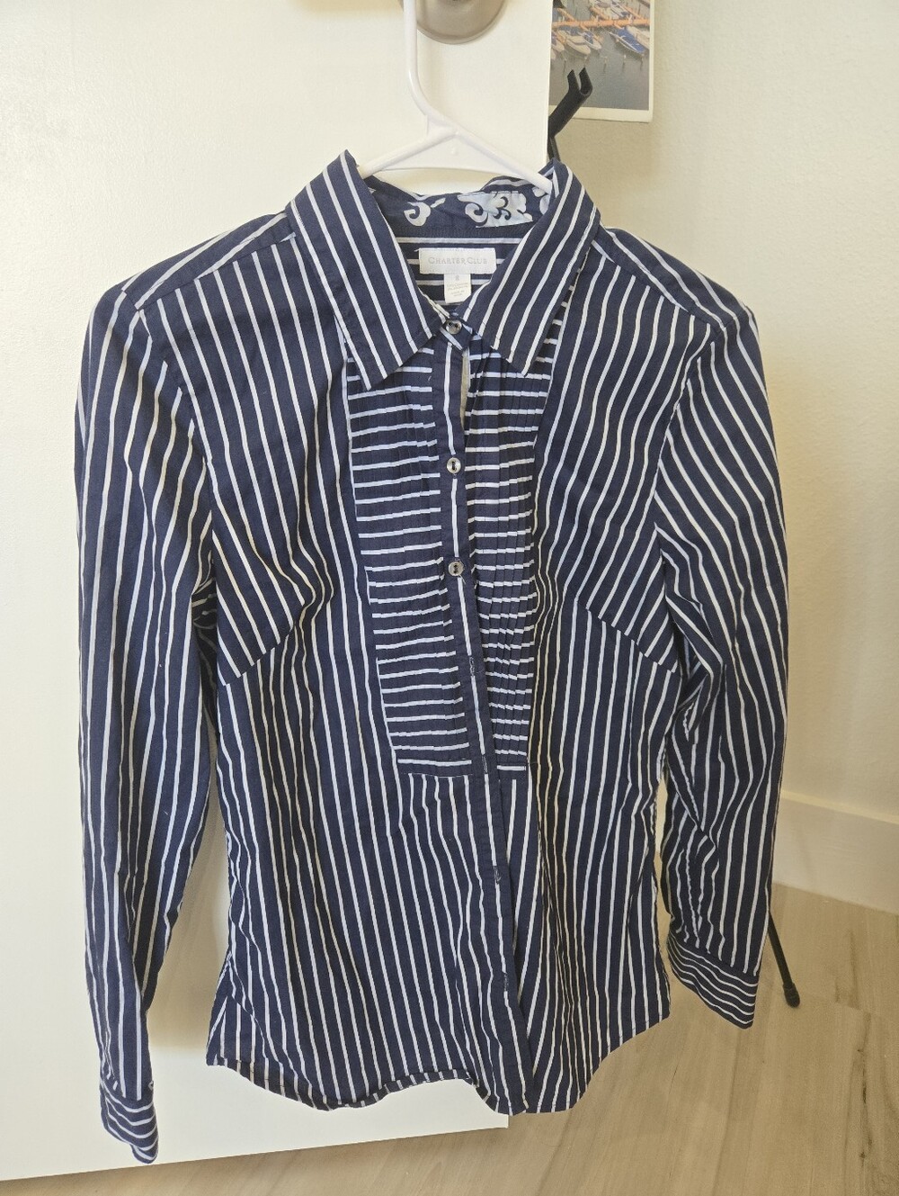 Striped Navy and White Button-Up Shirt - Women